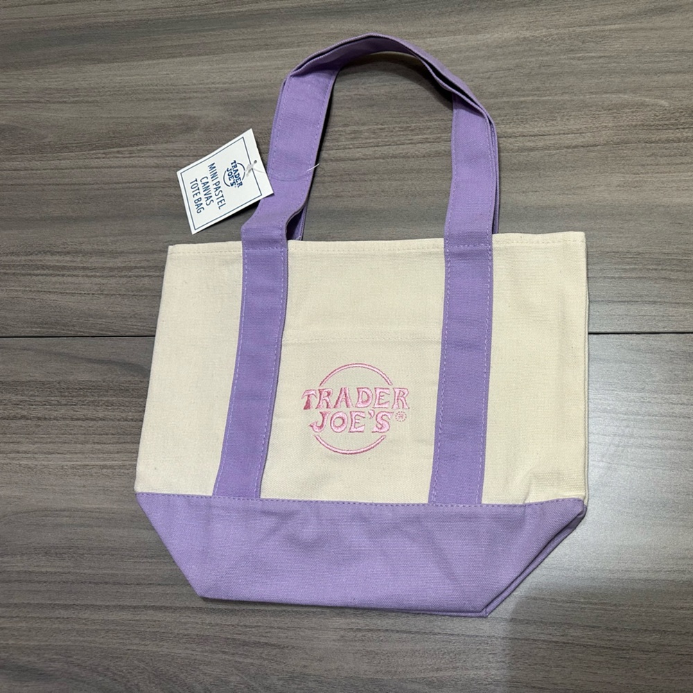 TRADER JOE’S VIRAL MINI PASTEL CANVAS TOTE BAG PURPLE AND PINK